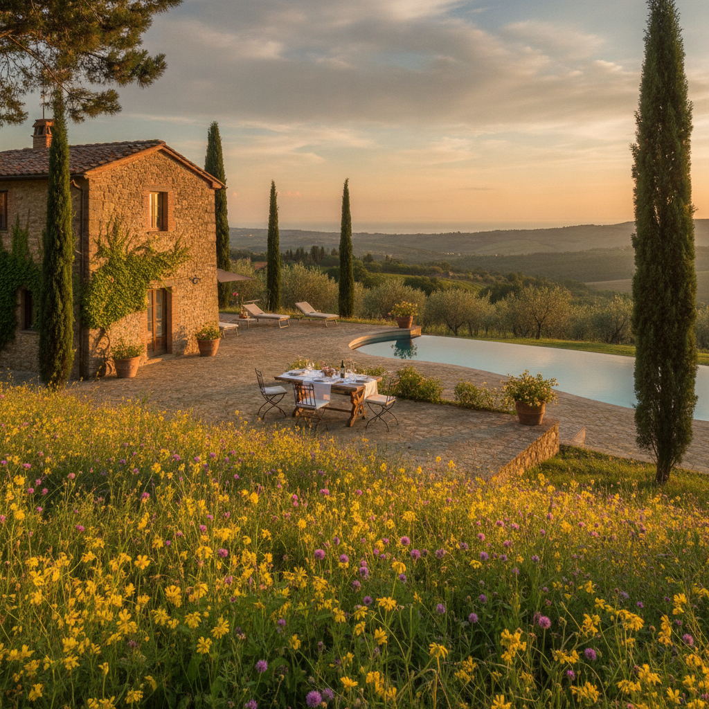 Tuscan villa terrace set for spring dining surrounded by wildflowers and cypress trees