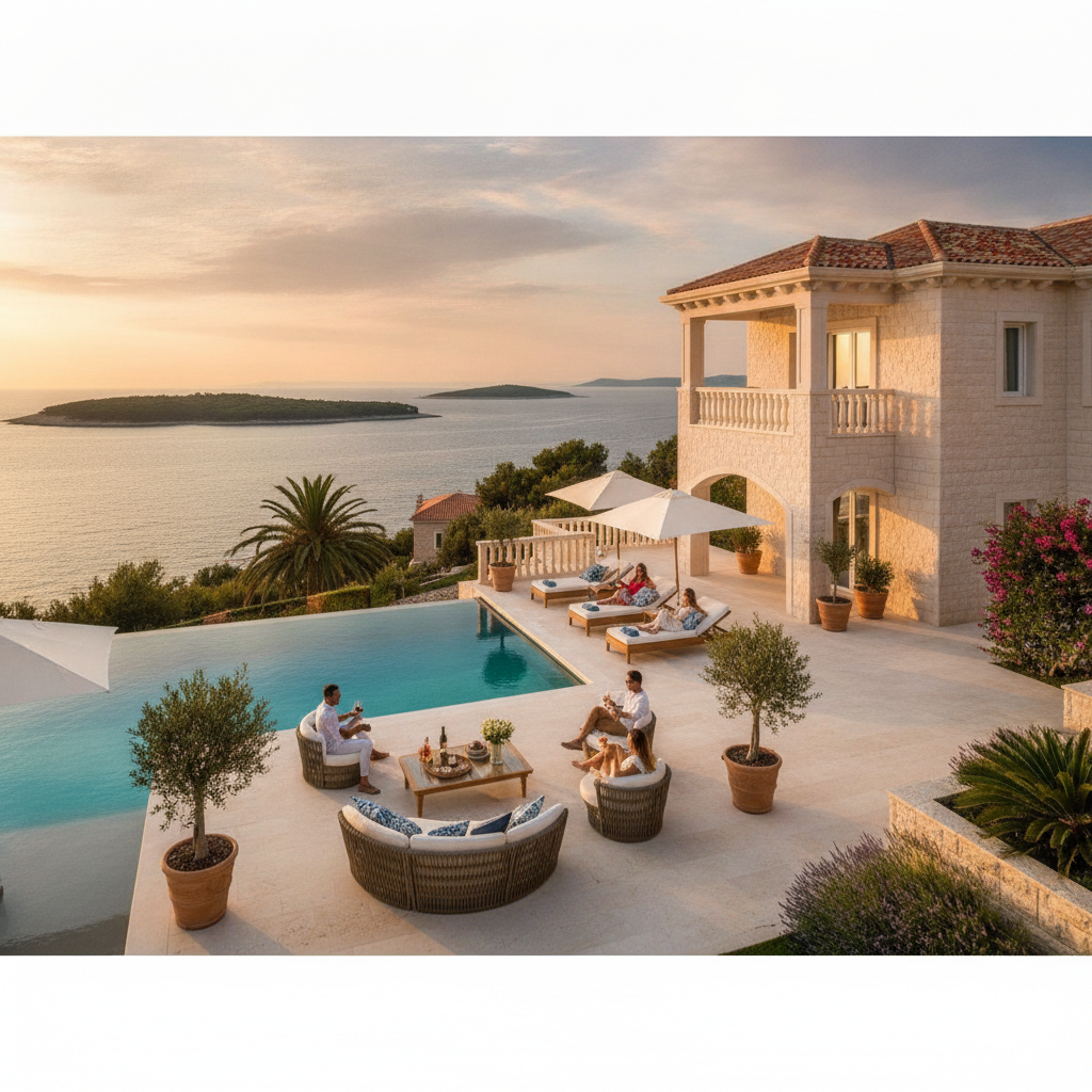 Luxury Croatia villa with pool and Adriatic sea views in summer sunshine
