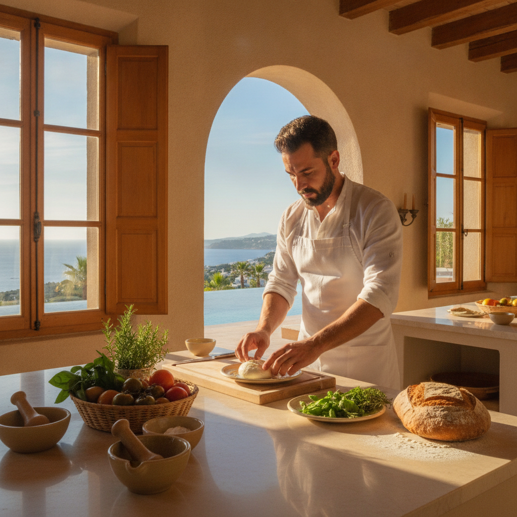 Private villa chef preparing fresh local ingredients in a rustic farmhouse kitchen