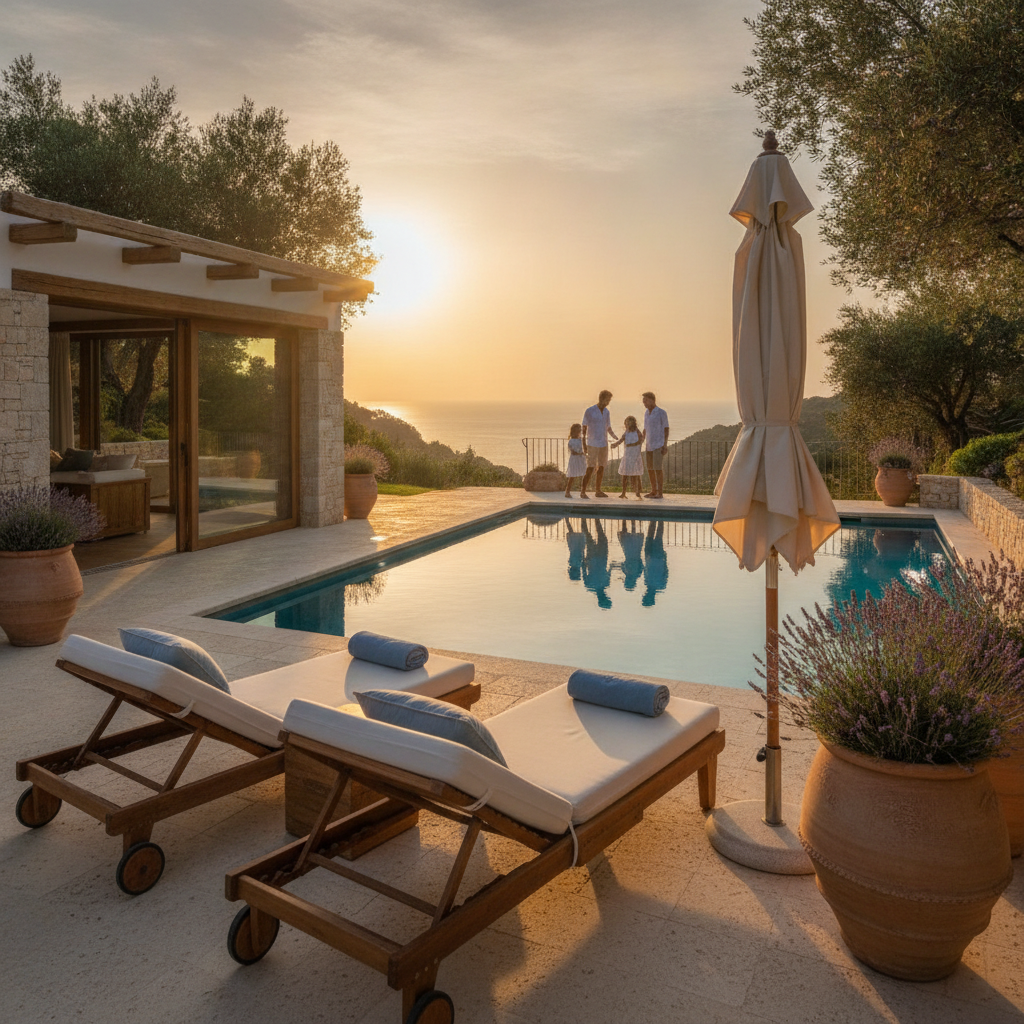 Private villa pool terrace with sun loungers and Mediterranean views, ideal for families