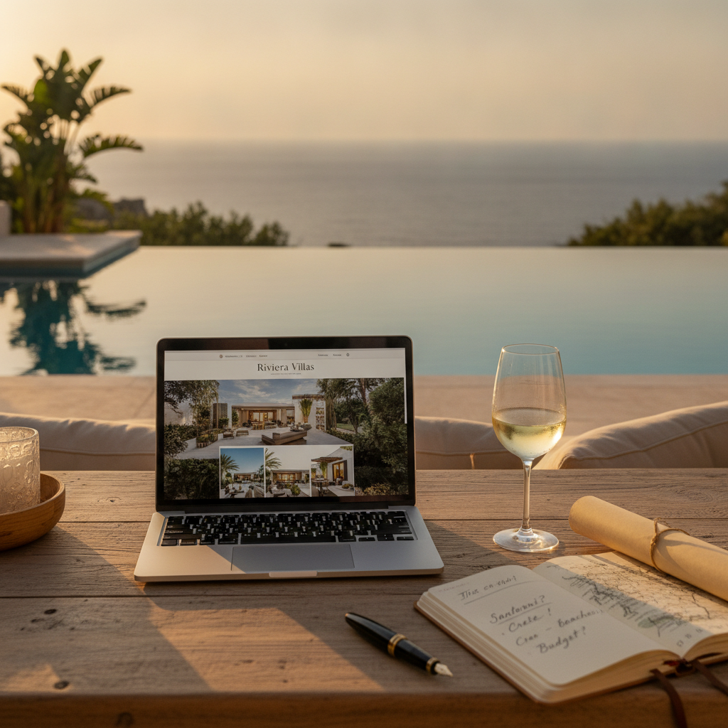 Planning a luxury villa rental holiday with a laptop, maps and notes on a desk