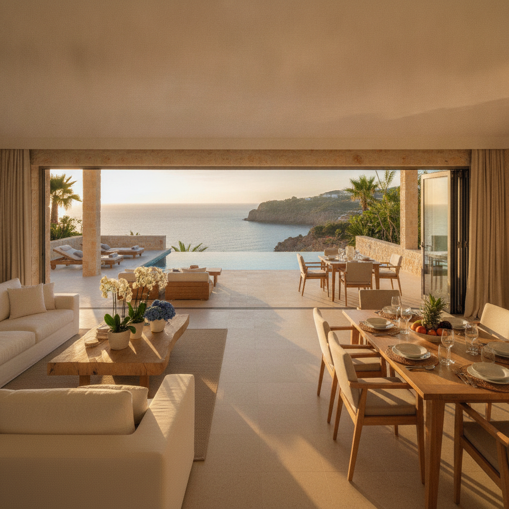 Bright open-plan luxury villa interior with pool terrace views and family dining setup