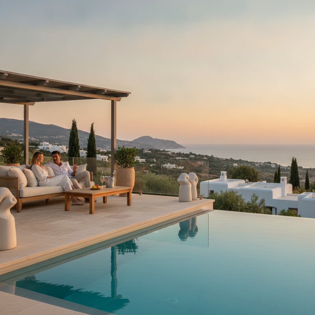 Couple relaxing on a private villa terrace with wine and Mediterranean sea views at golden hour