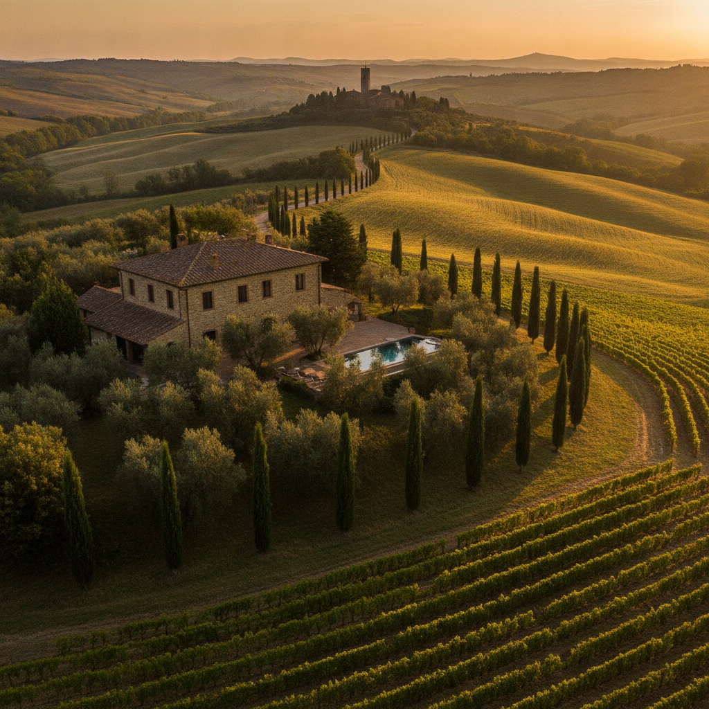 Aerial view of Val d'Orcia rolling hills with cypress trees and a stone villa at sunrise, Tuscany