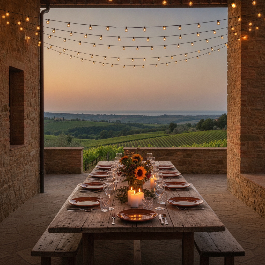 Outdoor dining terrace of a luxury Tuscan villa set for an evening dinner with candles and vineyard views