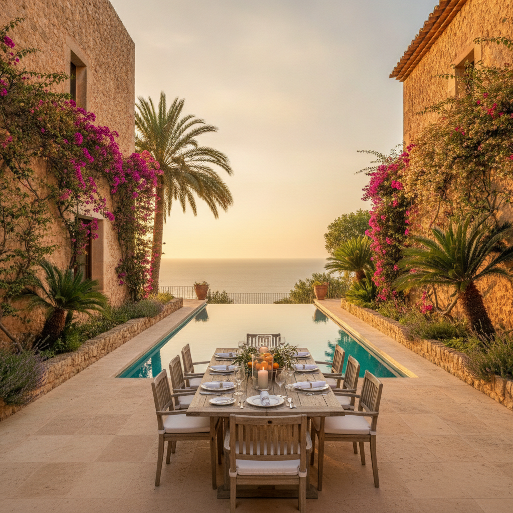 A traditional Mallorcan finca villa with private pool and outdoor dining terrace surrounded by bougainvillea in golden hour light