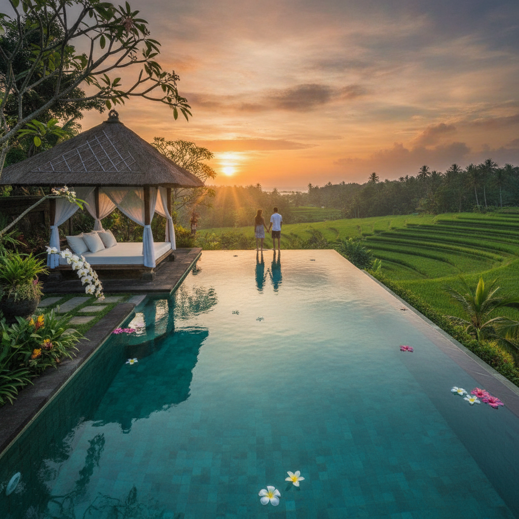 Luxury Balinese villa with infinity pool overlooking green rice terraces at sunset, traditional pavilion with daybed in foreground