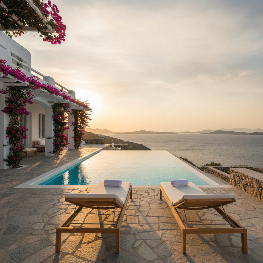 Private pool villa in the Greek islands in September with Aegean Sea views and bougainvillea
