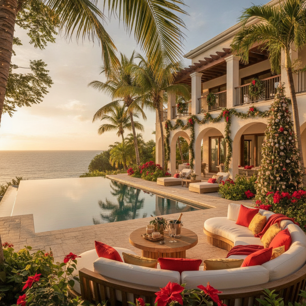 Luxury Barbados villa decorated for Christmas with Caribbean Sea view and champagne