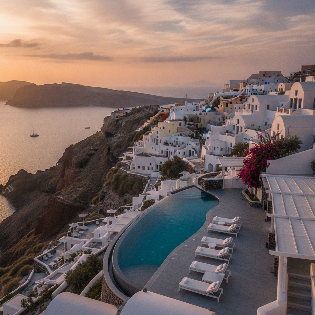 Aerial view of Oia village in Santorini showing white-washed buildings and blue domes on the caldera cliff edge