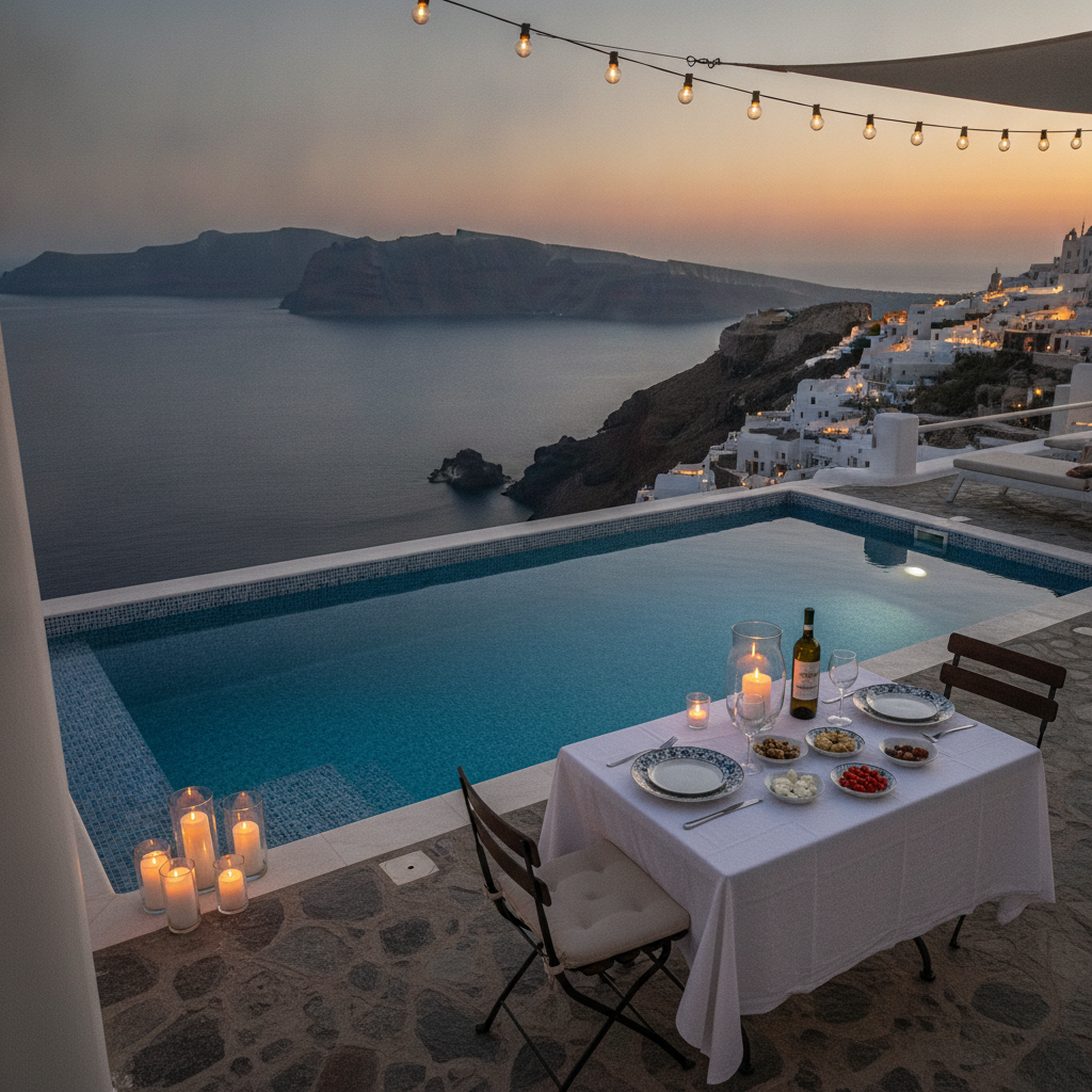 Romantic outdoor dining terrace of a luxury Santorini villa at dusk with caldera views and private plunge pool
