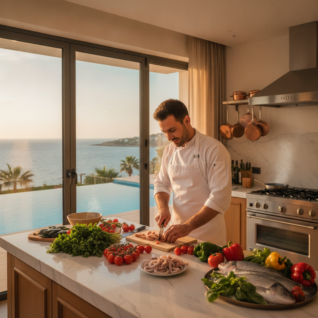 Private chef preparing a gourmet meal with fresh local ingredients in a luxury villa kitchen
