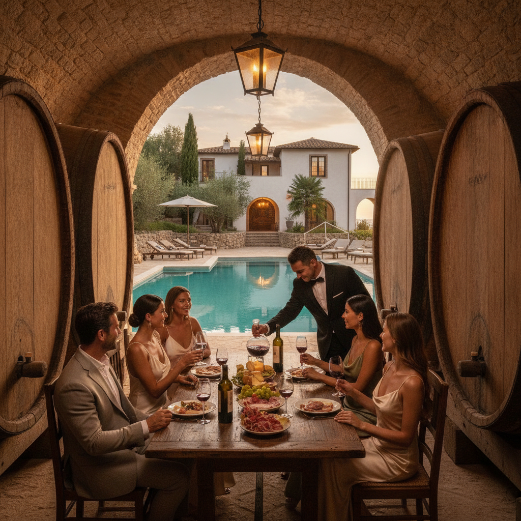 Private wine tasting in a Tuscan cellar with oak barrels and crystal glasses