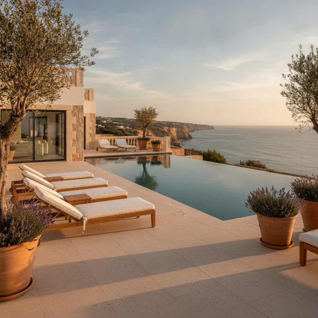 Luxury villa terrace with pool and Atlantic ocean views in the Algarve, Portugal