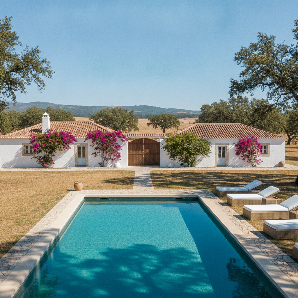 Traditional quinta estate with pool surrounded by cork oak trees in the Alentejo region of Portugal