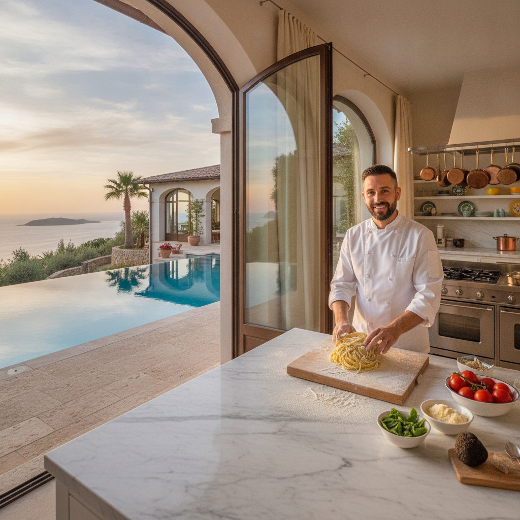 Private chef preparing fresh pasta in a luxury Italian villa kitchen with marble countertops and natural light