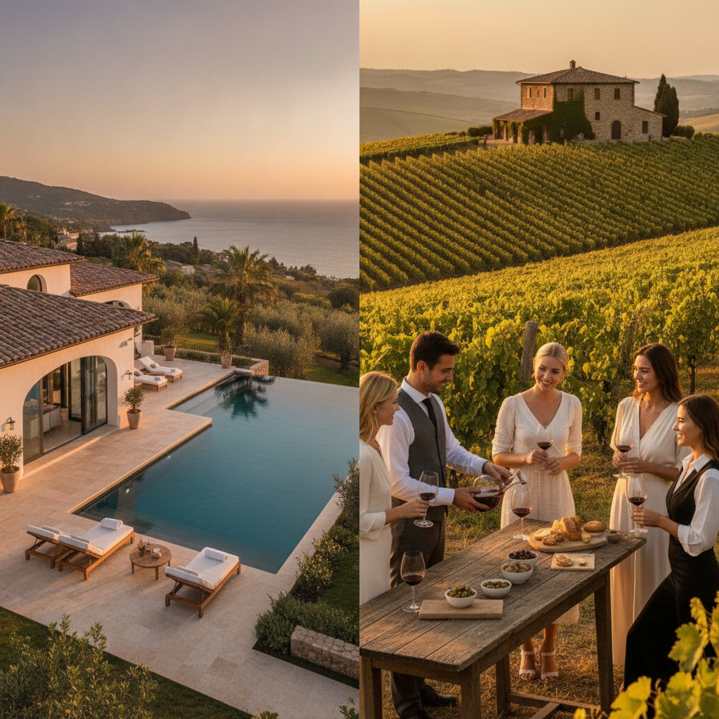 Guests enjoying a private wine tasting at a Tuscan vineyard during a luxury villa holiday in Italy