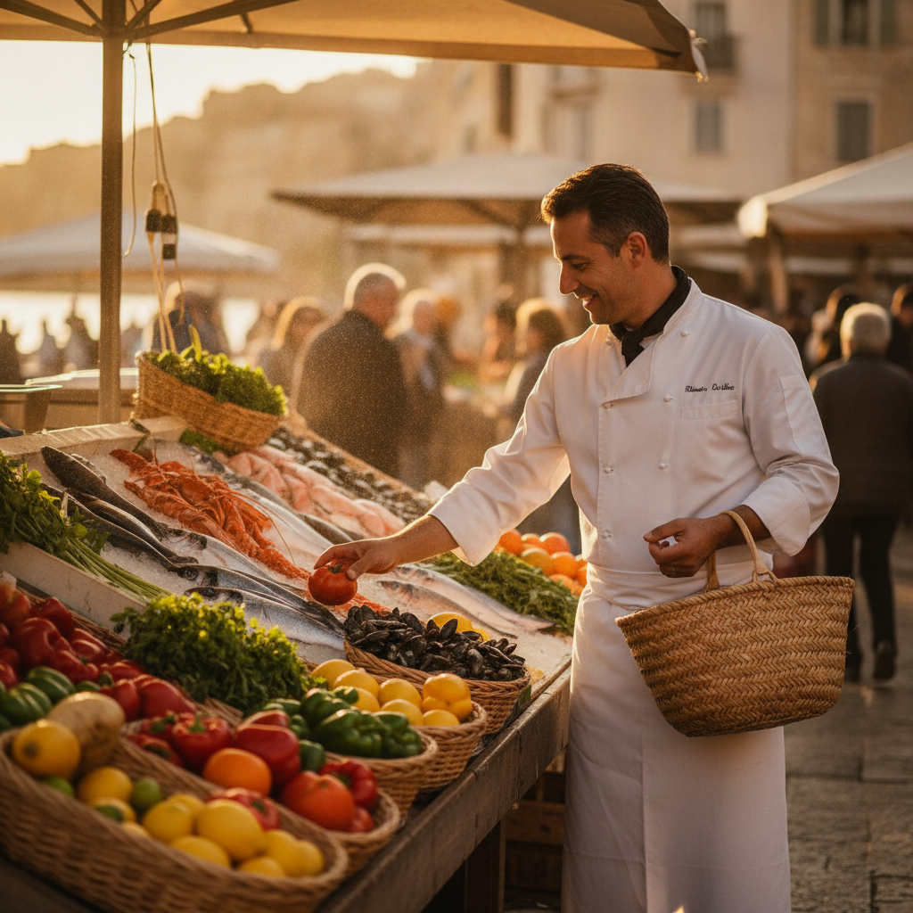 Private chef selecting fresh ingredients at a local morning market for a villa dinner