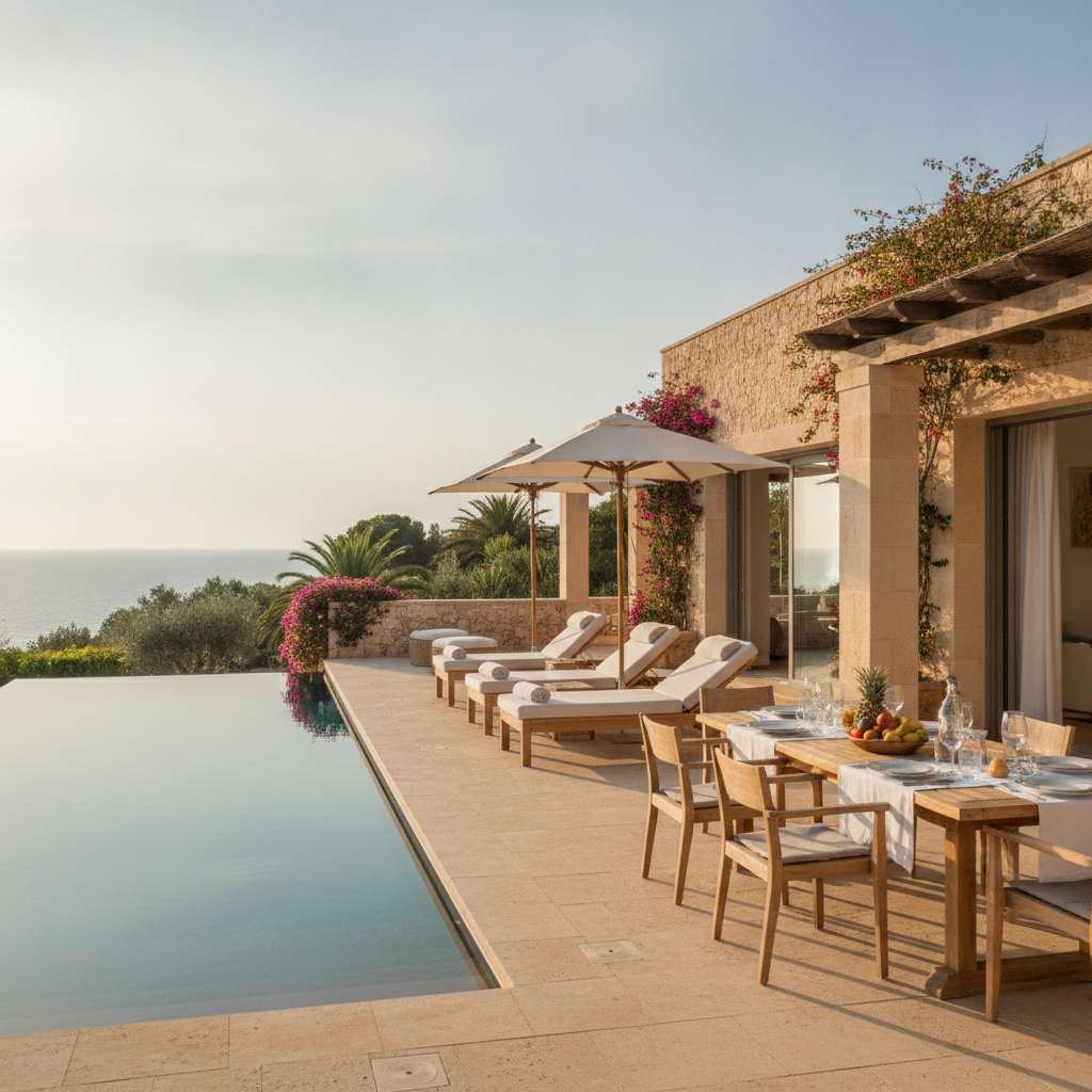 Luxury villa with pool and al fresco dining area in Mallorca, Spain, perfect for a summer family villa holiday