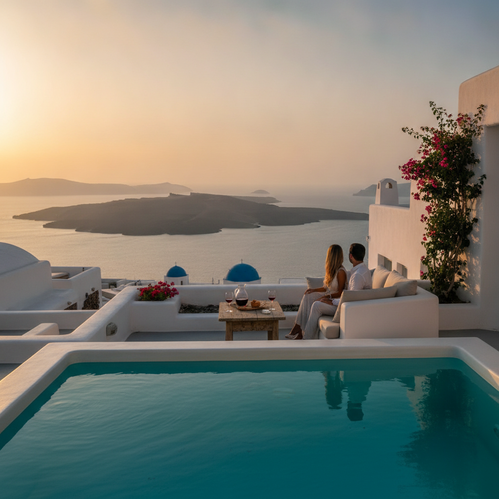Couple relaxing on a private villa terrace with plunge pool overlooking the Santorini Caldera at sunset