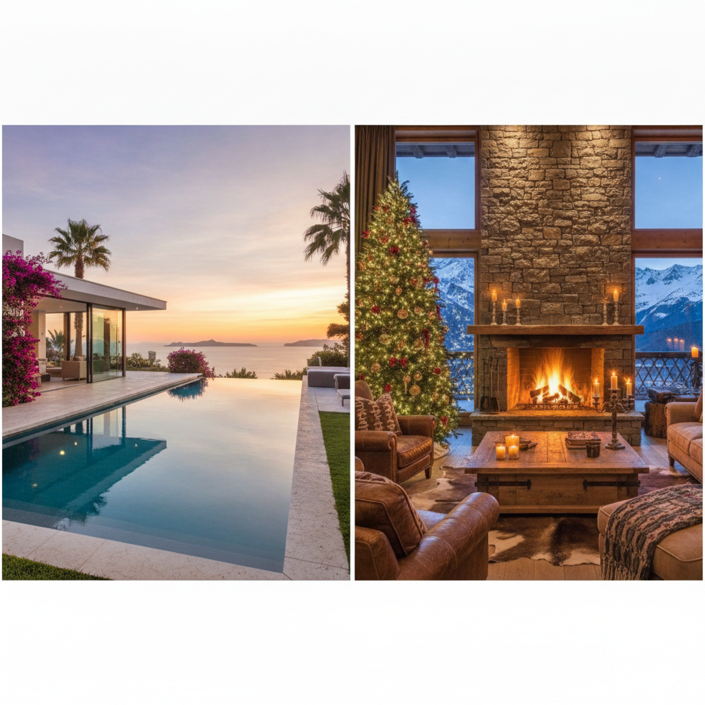 Luxury alpine chalet villa interior with roaring fireplace, Christmas tree and snow-covered mountain views