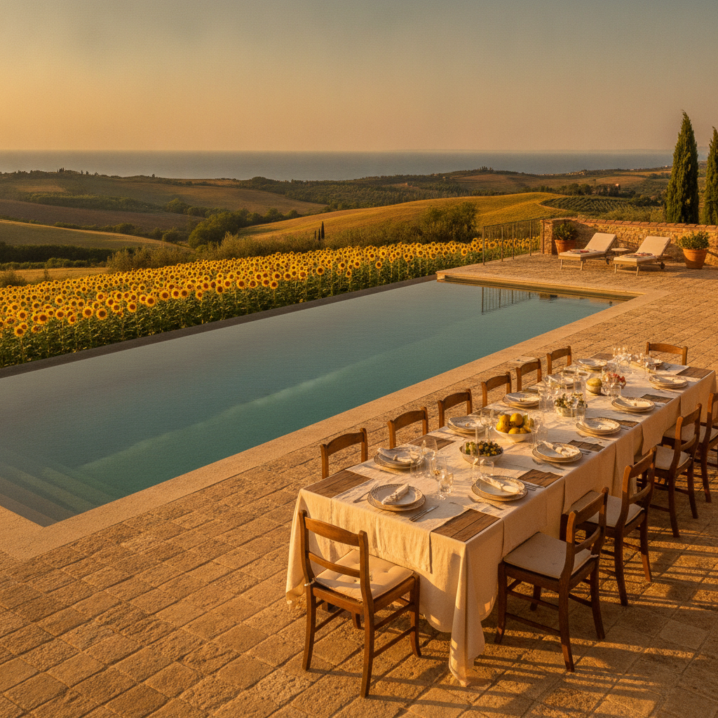 Luxury Tuscan farmhouse villa terrace set for outdoor lunch with views over the Val d'Orcia hills in summer