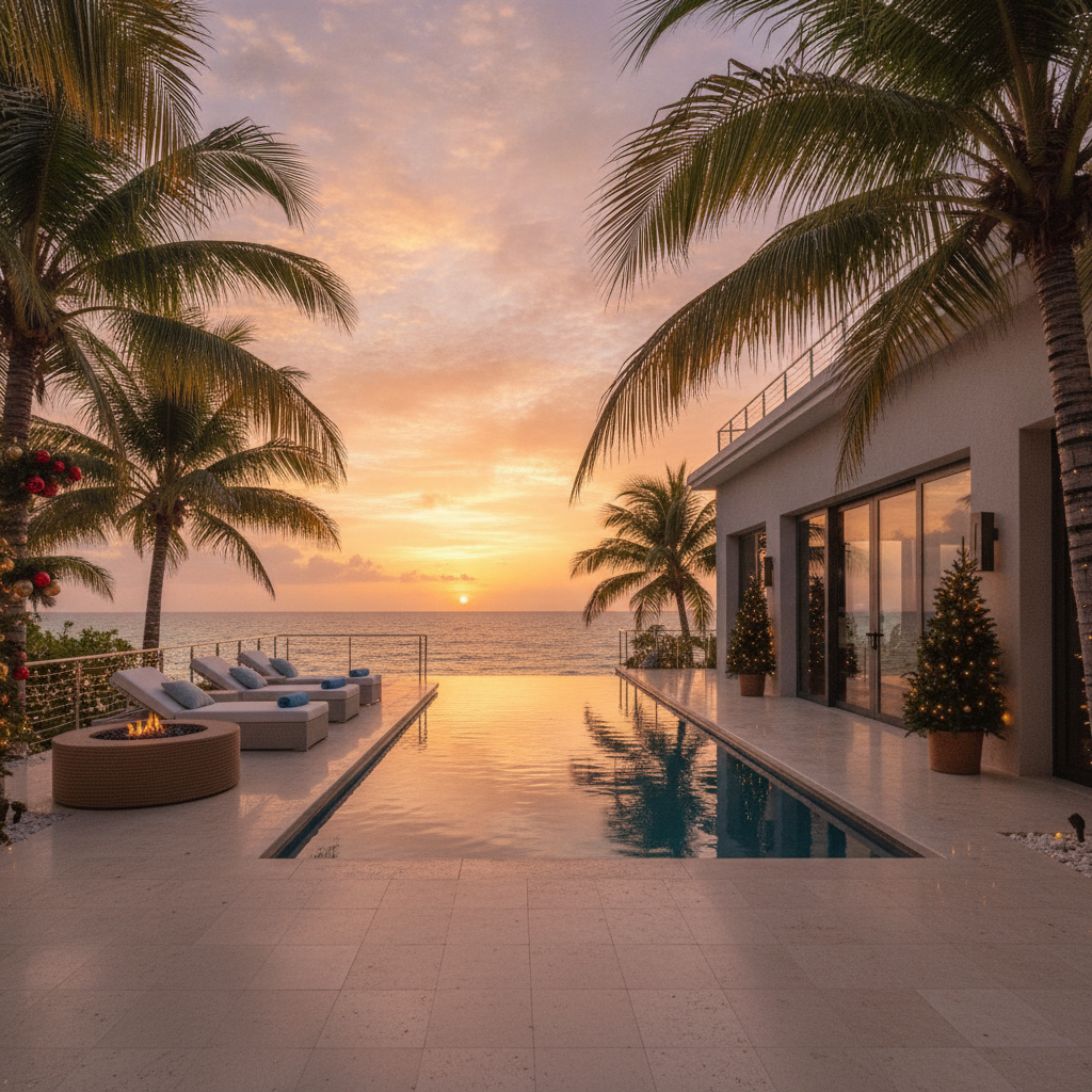 Luxury Caribbean beachfront villa at sunset with private pool and subtle Christmas lights on the terrace