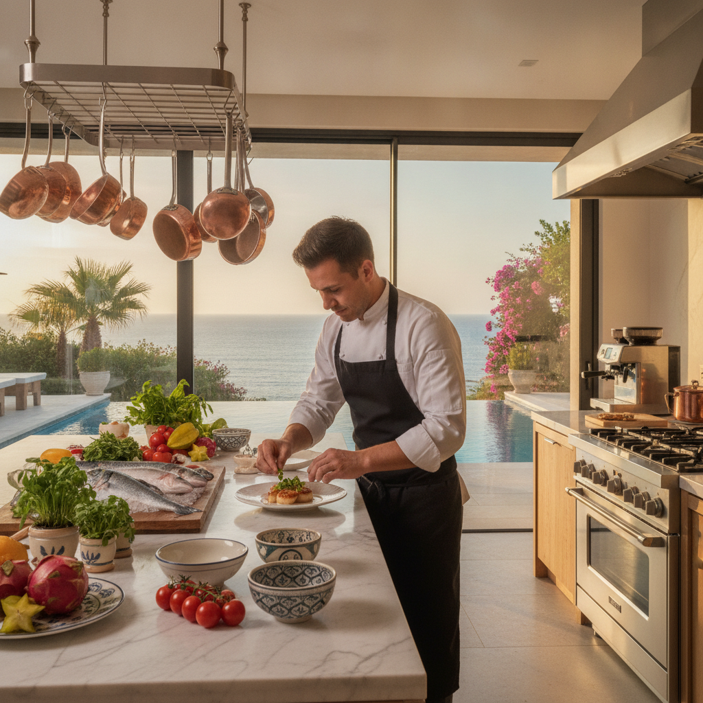 Private chef plating a gourmet meal in a luxury villa kitchen with fresh local ingredients