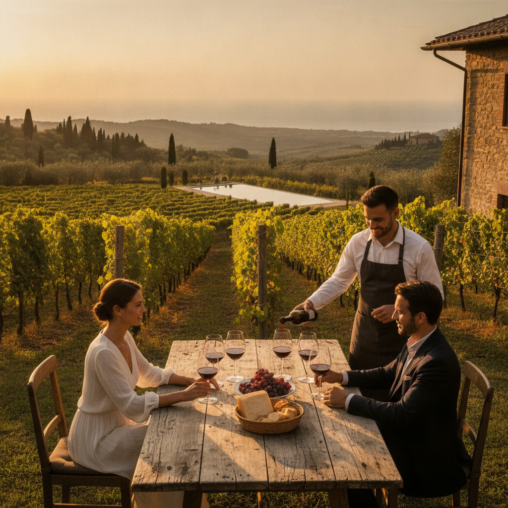 Private wine tasting at a Tuscan vineyard estate with sommelier and small group of guests