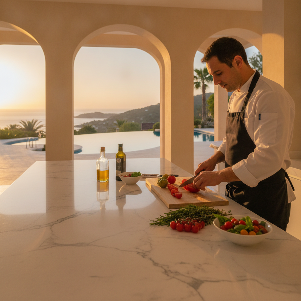 Private chef preparing fresh local ingredients in a luxury villa kitchen
