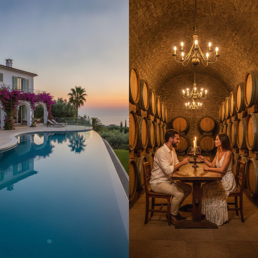 Couple enjoying a private wine tasting in a historic wine cellar during a luxury villa holiday