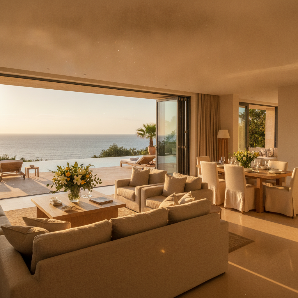 Open-plan luxury villa living room with pool terrace view and dining table set for guests