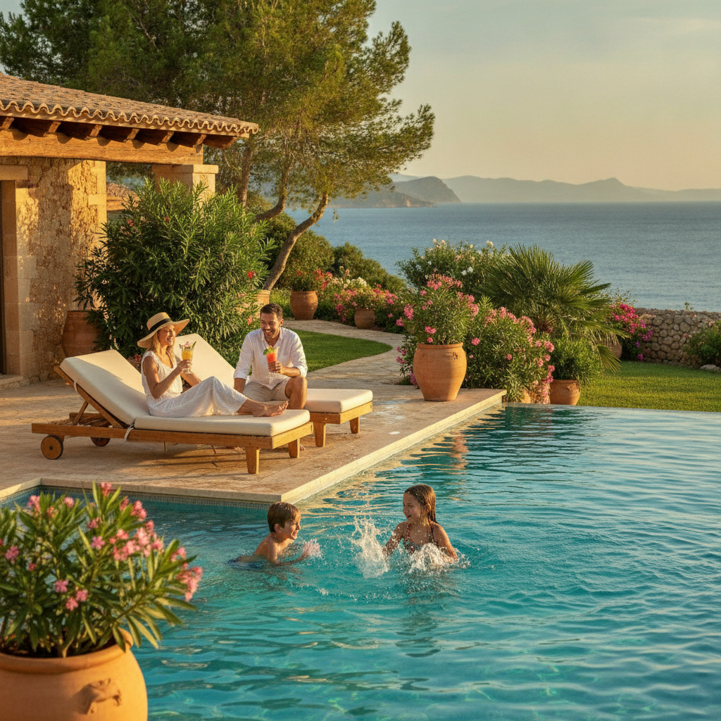 Family relaxing at private villa pool in Mallorca with children swimming on a sunny summer day