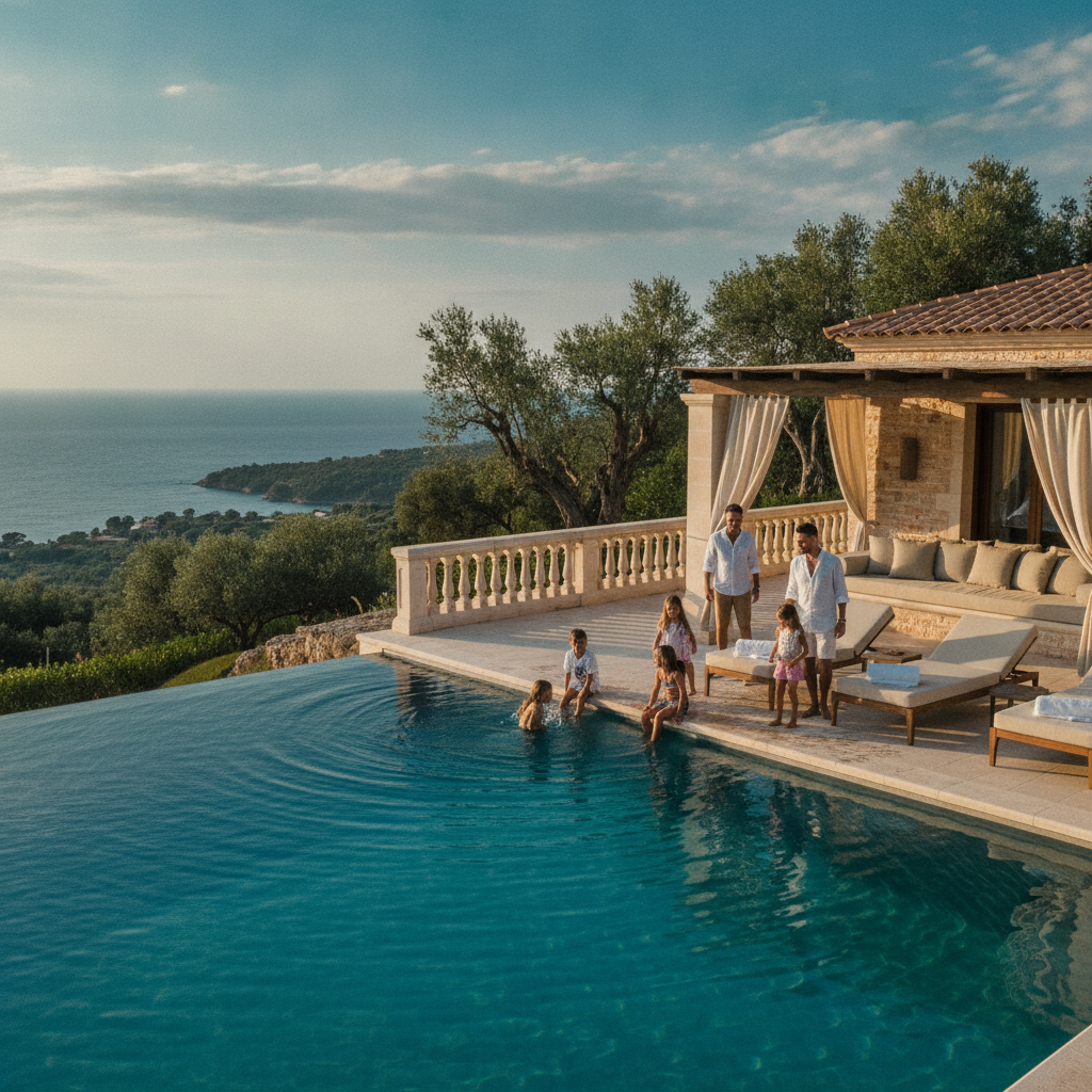 Family relaxing around a private villa pool in the South of France, with shaded terrace and olive trees