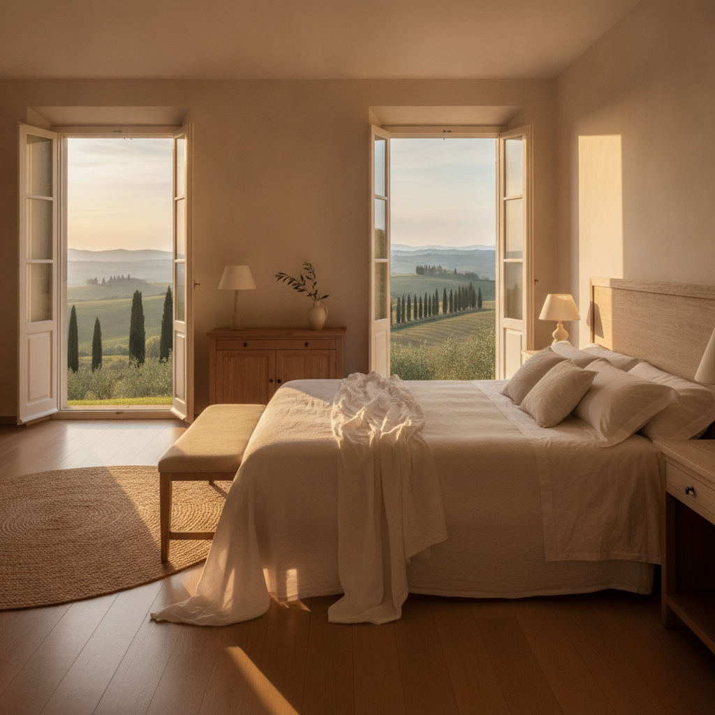 Elegant luxury villa bedroom in Tuscany with white linen, open shutters and views of cypress trees and rolling hills