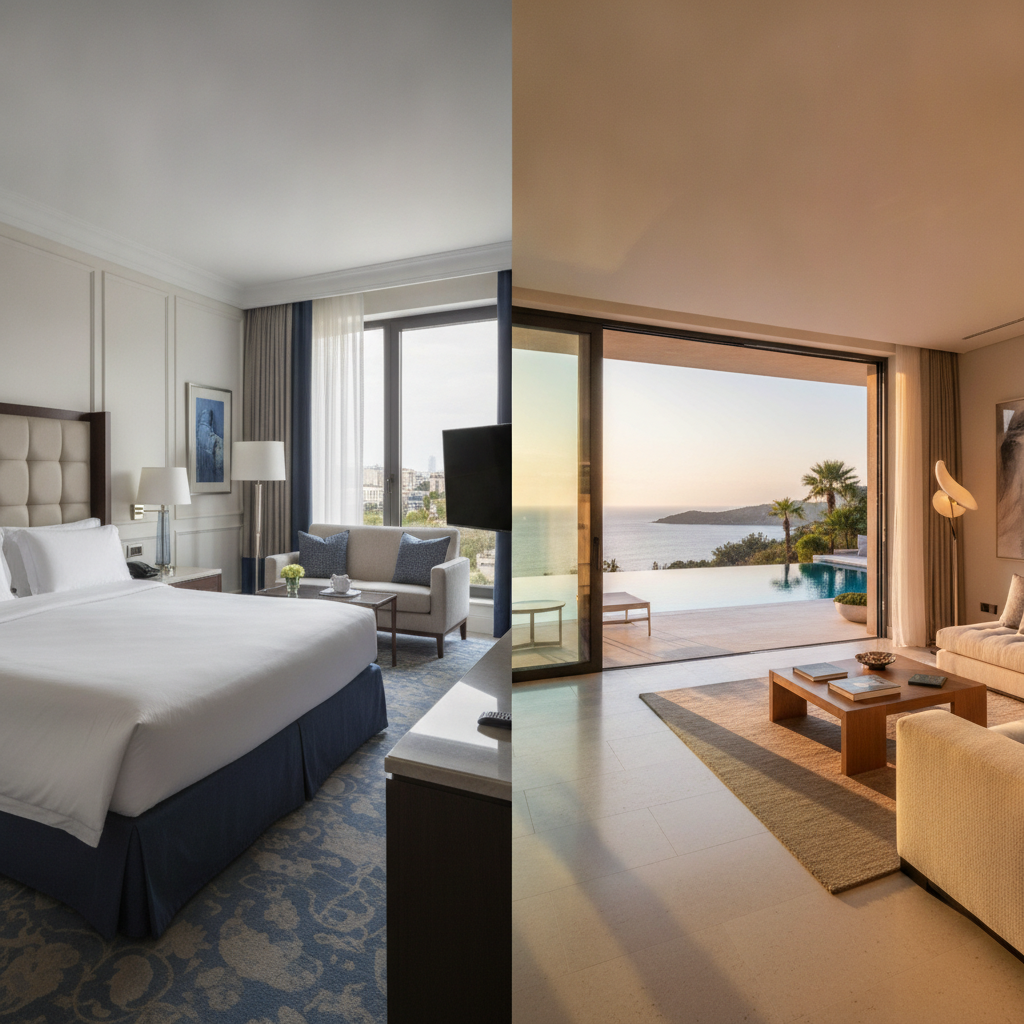 Side-by-side comparison of a luxury hotel suite interior versus a private villa living room opening onto a pool terrace