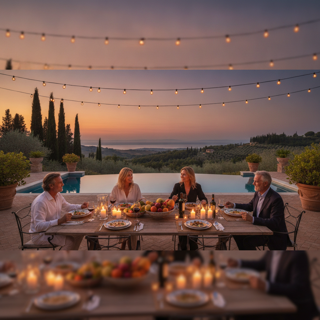 Group of guests enjoying a private al fresco dinner on a luxury villa terrace in Tuscany at dusk