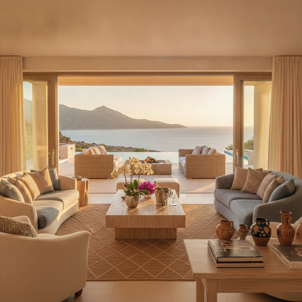 Luxury villa interior with open terrace doors showing panoramic Mediterranean views, elegant furnishings and a bottle of wine on the table